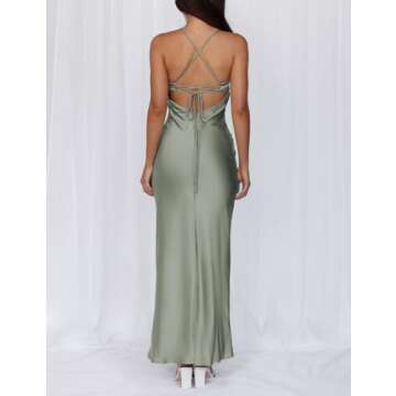 Summer Sexy Satin Spaghetti Strap Maxi Dress for Women Backless Sleeveless Slit Tie Back Cocktail Dresses Wedding Guest Sage