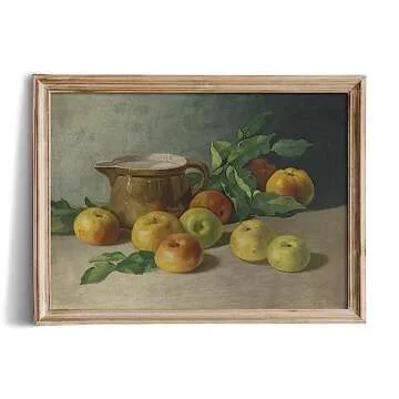 Farmhouse Still Life Picture Living Room - Apple Pearl Fruit Warm Beige Neutral Painting - Art Deco Wall Art for Kitchen - 11 x 14 Art Print- Rustic Vintage Decor for Bedroom - Antique French Poster