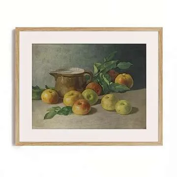 Farmhouse Still Life Picture Living Room - Apple Pearl Fruit Warm Beige Neutral Painting - Art Deco Wall Art for Kitchen - 11 x 14 Art Print- Rustic Vintage Decor for Bedroom - Antique French Poster