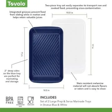 Tovolo Marinade Container with Lid, Large (Blue/White) - BBQ Prep Tub & Marinating Container with Lid for Kitchen, Grill, Meal Prep, Smoker, Griddle & Barbeque - Dishwasher-Safe Melamine Marinade Tray
