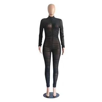 Uni Clau Women One Piece Outfits Mesh Sheer Bodycon Jumpsuit Long Sleeve See Through Party Club Outfits for Women