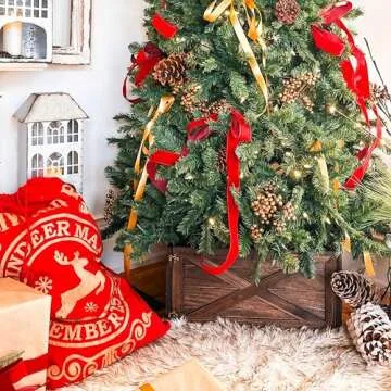 Perfnique Christmas Tree Collar, 22'' Durable Wood Tree Base, Handmade Tree Skirt Box Stand Suitable for 7.5 FT Tree, Tree Stand Cover for Modern Farmhouse Home, Xmas Merry Christmas Decor (Walnut)