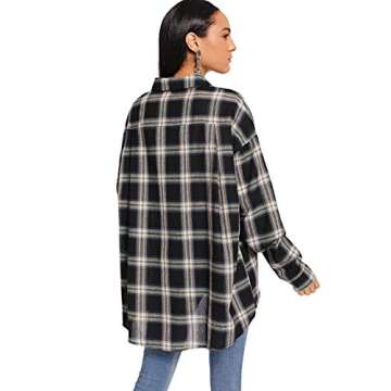 SweatyRocks Women's Long Sleeve Collar Long Button Down Plaid Shirt Blouse Tops Black Medium