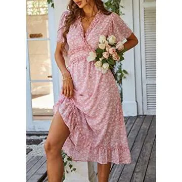 KIRUNDO Women's Ruffle V Neck Floral Print Midi Dress