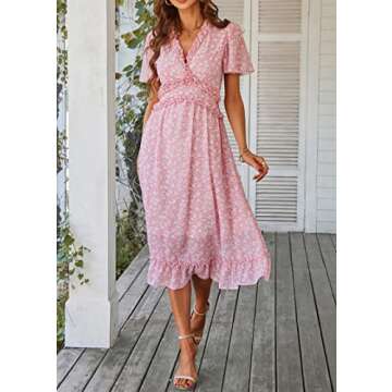 KIRUNDO Women's Ruffle V Neck Floral Print Midi Dress
