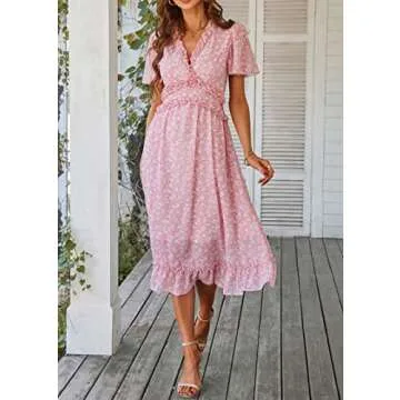 KIRUNDO Women's Ruffle V Neck Floral Print Midi Dress