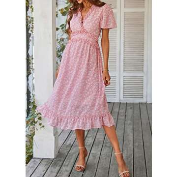 KIRUNDO Women's Ruffle V Neck Floral Print Midi Dress