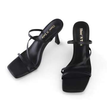 Shoe'N Tale Strappy Kitten Heels For Women Stiletto Mules Square Open Toe Slip On Sandals(9,Black)