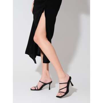 Shoe'N Tale Strappy Kitten Heels For Women Stiletto Mules Square Open Toe Slip On Sandals(9,Black)