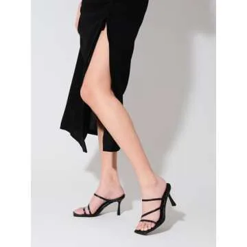 Shoe'N Tale Strappy Kitten Heels For Women Stiletto Mules Square Open Toe Slip On Sandals(9,Black)