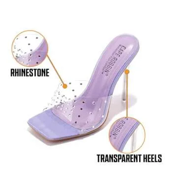 Cape Robbin Brisa Stiletto High Heels for Women - Rhinestone Clear Heels for Women - Slip On Womens Sandals with Transparent Stiletto Heels - Women's Dress Shoes with Sexy Open Toe - Purple Size 9
