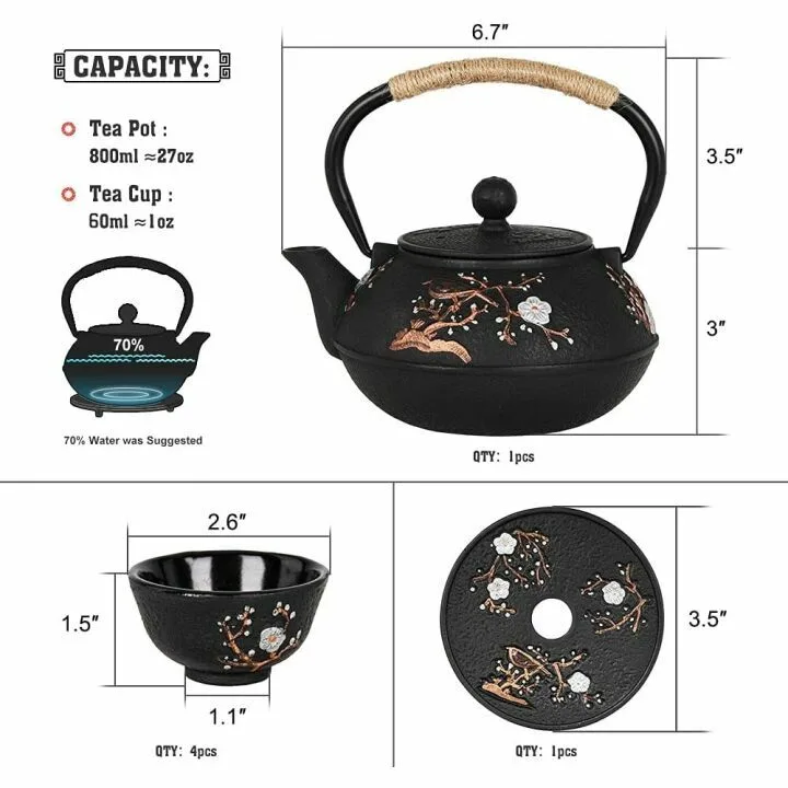Japanese Cast Iron Teapot Set with Cups & Infuser