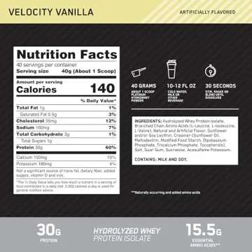 Optimum Nutrition Platinum Hydrowhey Protein Powder, 100% Hydrolyzed Whey Isolate Powder, Flavor: Velocity Vanilla, 3.5 Pounds (Packaging May Vary)