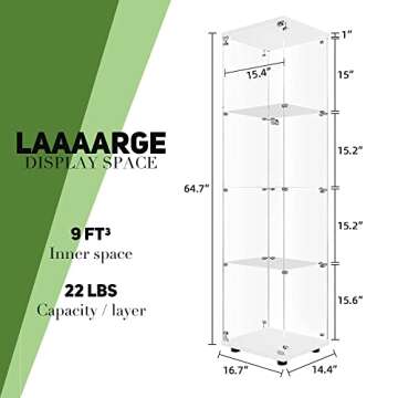 Beauty4U Glass Display Cabinet with 4 Shelves, Curio Cabinets for Living Room, Bedroom, Office, White Floor Standing Glass Bookshelf, Quick Installation