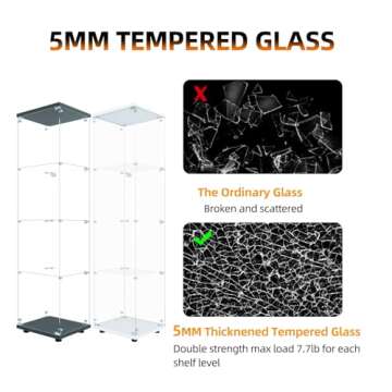 Beauty4U Glass Display Cabinet with 4 Shelves, Curio Cabinets for Living Room, Bedroom, Office, White Floor Standing Glass Bookshelf, Quick Installation