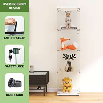 Beauty4U Glass Display Cabinet with 4 Shelves, Curio Cabinets for Living Room, Bedroom, Office, White Floor Standing Glass Bookshelf, Quick Installation