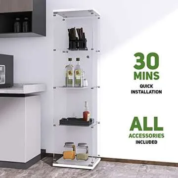 Beauty4U Glass Display Cabinet with 4 Shelves, Curio Cabinets for Living Room, Bedroom, Office, White Floor Standing Glass Bookshelf, Quick Installation