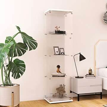 Beauty4U Glass Display Cabinet with 4 Shelves, Curio Cabinets for Living Room, Bedroom, Office, White Floor Standing Glass Bookshelf, Quick Installation