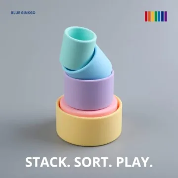BLUE GINKGO Silicone Stacking Cups – Nesting & Sensory Stacking Toy for Toddlers | Open-Ended Montessori Toy with 5 Cups (Pastel Colors)