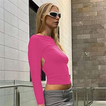 Backless Tops for Women Sexy - Casual Y2K Crop Shirts Long Sleeve Crewneck Slim Fit Cut Out Tees Ros...