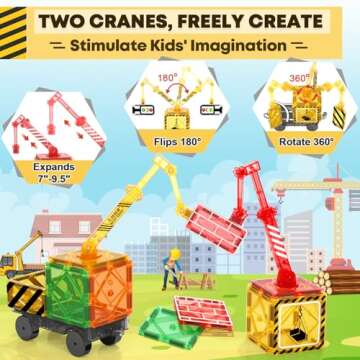 Kids Games Magnetic Tiles with 2 Cranes Construction Toys Set Sensory Toys for Boys Girls Ages 3-6 5...