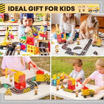Kids Games Magnetic Tiles with 2 Cranes Construction Toys Set Sensory Toys for Boys Girls Ages 3-6 5-7 8-13, Gifts for 3+ Year Old Boys Girls Toddler Outdoor Kids Toys with Car