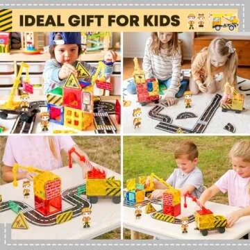 Kids Games Magnetic Tiles with 2 Cranes Construction Toys Set Sensory Toys for Boys Girls Ages 3-6 5-7 8-13, Gifts for 3+ Year Old Boys Girls Toddler Outdoor Kids Toys with Car