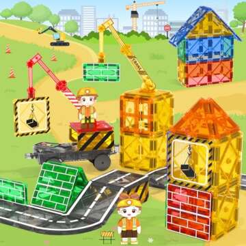 Kids Games Magnetic Tiles with 2 Cranes Construction Toys Set Sensory Toys for Boys Girls Ages 3-6 5-7 8-13, Gifts for 3+ Year Old Boys Girls Toddler Outdoor Kids Toys with Car