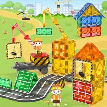Kids Games Magnetic Tiles with 2 Cranes Construction Toys Set Sensory Toys for Boys Girls Ages 3-6 5-7 8-13, Gifts for 3+ Year Old Boys Girls Toddler Outdoor Kids Toys with Car
