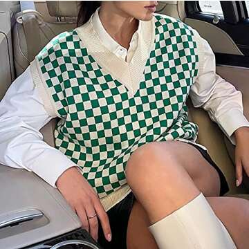 Meladyan Women Checkered Plaid Pattern Knit Sweater Vest Loose V Neck Knitwear Sleeveless Preppy Tank Top Pullover Green