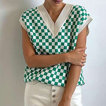 Meladyan Women Checkered Plaid Pattern Knit Sweater Vest Loose V Neck Knitwear Sleeveless Preppy Tank Top Pullover Green