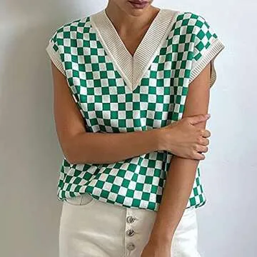 Meladyan Women Checkered Plaid Pattern Knit Sweater Vest Loose V Neck Knitwear Sleeveless Preppy Tank Top Pullover Green