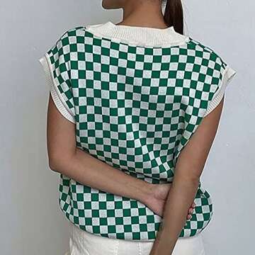 Meladyan Women Checkered Plaid Pattern Knit Sweater Vest Loose V Neck Knitwear Sleeveless Preppy Tank Top Pullover Green