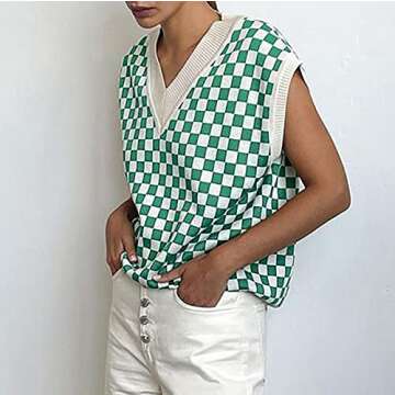 Meladyan Women Checkered Plaid Pattern Knit Sweater Vest Loose V Neck Knitwear Sleeveless Preppy Tank Top Pullover Green