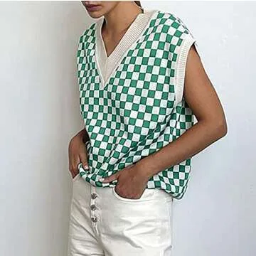 Meladyan Women Checkered Plaid Pattern Knit Sweater Vest Loose V Neck Knitwear Sleeveless Preppy Tank Top Pullover Green