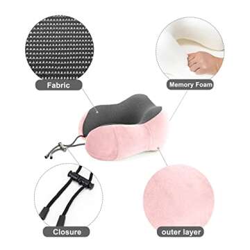 Golden Scute Travel Neck Pillow, Soft Travel Pillow for Airplanes 100% Memory Foam Airplane Pillow Travel Neck Pillow Sets for Airplane, Sleeping, Office, Neck Pain (Pink)
