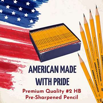 America Standards Pencils #2 HB, Sharpened, Made in USA, Woodcase, Graphite Core, Yellow with Eraser...