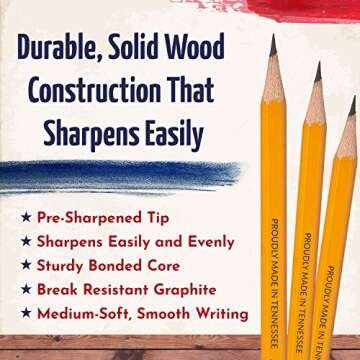 America Standards Pencils #2 HB, Sharpened, Made in USA, Woodcase, Graphite Core, Yellow with Eraser, Bulk Box, Soft and Smooth Writing, Sharpens Well, Erases Cleanly, Pack of 100