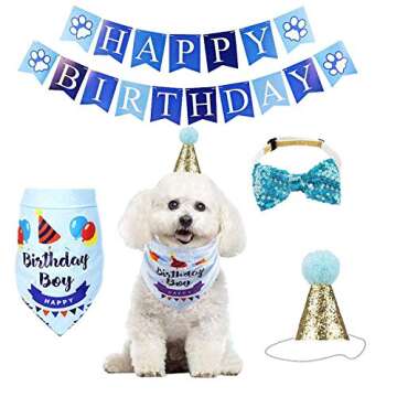 Dog Cat Boy Cute Birthday Bandana Hat Banner Party Supplies Kit Dog Bow Tie Scarf Birthday Party Supplies Decorations (Blue) one_Size