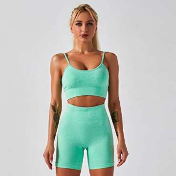 Women's Seamless Yoga Outfits Two Pieces Workout Crop Top Camisole Tank Sports Bra High Waisted Running Shorts Sets Biker Leggings Pants Activewear Athletic Fitness Gym Tracksuit Mint Green Small