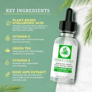 OZNATURALS Hyaluronic Acid Serum for Face - Plumping Serum, Hydrating Facial Skin Product, Natural Ingredients, Plump Fine Lines, Anti-Aging Face Serum, Organic Aloe + Rosehips Intense Moisture