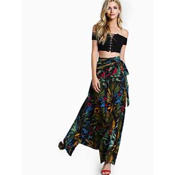 Milumia Women's Tropical Floral Split Maxi Skirt Tie Side Wrap Long Skirts Black Small