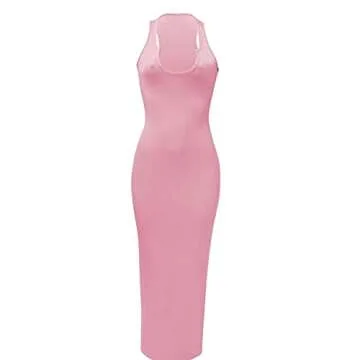 MOPOOGOSS Plus Size Sexy Tank Dresses for Women for Party Club Dress Sleeveless Maxi Plain Dress Pink XXL