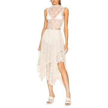 ​Women Y2k Mini Skirt Ruffle Asymmetrical Hem A Line Mini Skirt Vintage Fairycore Lace Patchwork Layered Mini Skirt (See Through-Beige White, M)