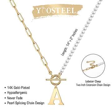 Dainty Initial Pearl Necklace for Women, 14K Gold Plated Paperclip Link Chain Necklace Toggle Clasp Necklace Initial Necklaces Gold Jewelry for Women Letter E