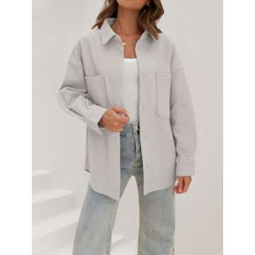 MEROKEETY Womens 2024 Fall Casual Button Down Winter Shacket Jackets Long Sleeve Coats with Pockets, LightGrey, M