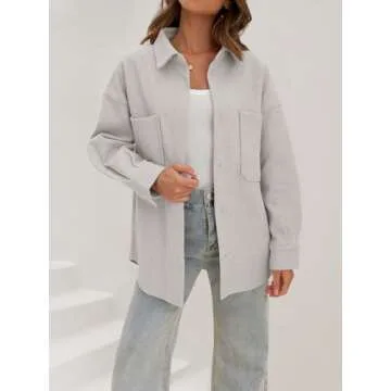 MEROKEETY Womens 2024 Fall Casual Button Down Winter Shacket Jackets Long Sleeve Coats with Pockets, LightGrey, M