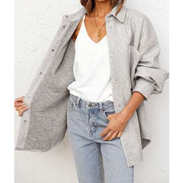 MEROKEETY Womens 2024 Fall Casual Button Down Winter Shacket Jackets Long Sleeve Coats with Pockets, LightGrey, M