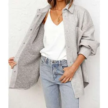 MEROKEETY Womens 2024 Fall Casual Button Down Winter Shacket Jackets Long Sleeve Coats with Pockets, LightGrey, M