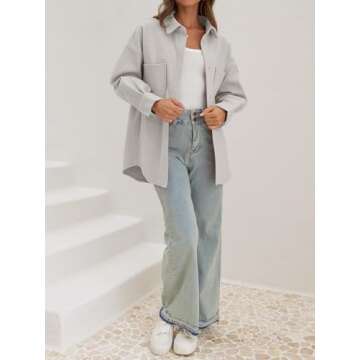 MEROKEETY Womens 2024 Fall Casual Button Down Winter Shacket Jackets Long Sleeve Coats with Pockets, LightGrey, M